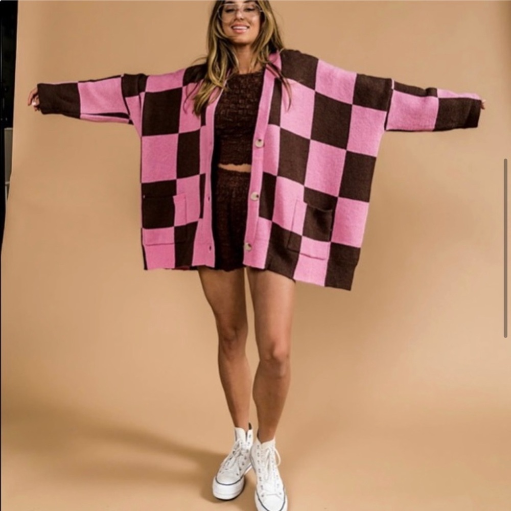 Love You Oversized Checkerboard Cardigan